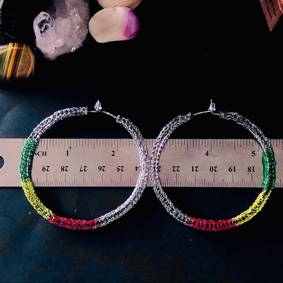 2.5” Handmade Silver Rasta Crocheted Hoop Earrings - Picture 2 of 7
